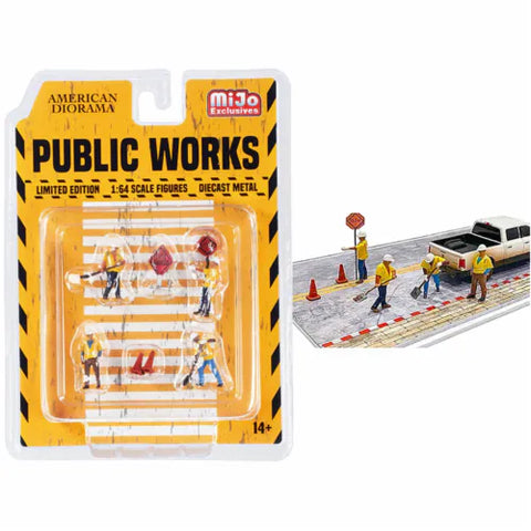 "Public Works" 7 piece Diecast Set (4 Figurines and 3 Accessories) for 1/64 Scale Models by American Diorama Big J's Garage