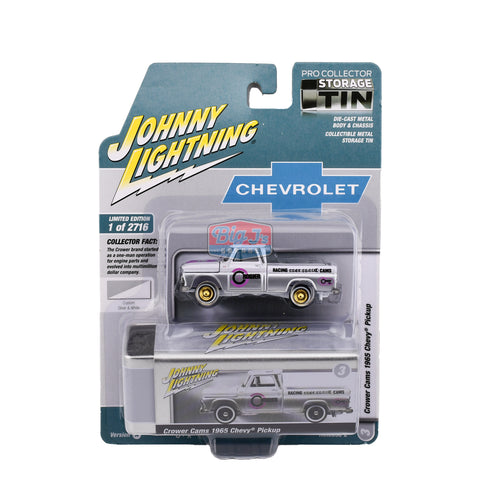 (Chase)1965 Chevy Truck White & Silver w/ Crower Racing Cams Graphics Johnny Lightning Big J's Garage