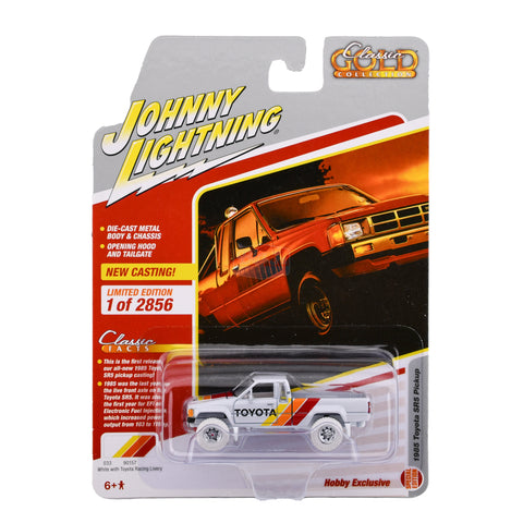 (Chase) 1985 Toyota SR5 Pickup Gloss White Body Color with Red, Yellow, Orange Side Stripes and TOYOTA logo on Doors Johnny Lightning Big J's Garage