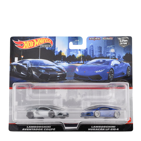 Hot Wheels Premium Car Culture 2-Pack Lamborghini Aventador Coupe and Lamborghin Big J's Garage