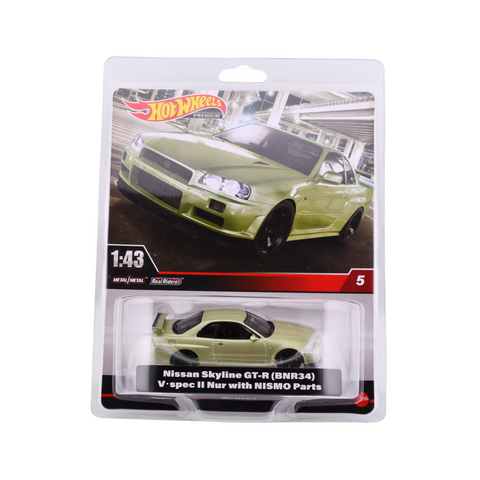 Nissan Skyline GT-R (BNR34) V Spec II With Nismo Parts 1:43 Hot Wheels Premium In Sterling Protector - Big J's Garage