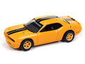 2014 Dodge Challenger Pettys Garage - Yellow-Orange w/Black Stripes Johnny Lightning Assortment W/ Collector Tin 2024 Release 1 Version A & B - Big J's Garage