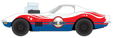 Stuntman Mike's Ride Along Racing 1969 Chevy Corvette "Atomic Bomb"-Gloss white w/Red, Metallic Blue &amp; “Atomic Bomb” graphics " Johnny Lightning Pop Culture Assortment 2025 Release 1 Sealed Case of 6 - Big J's Garage