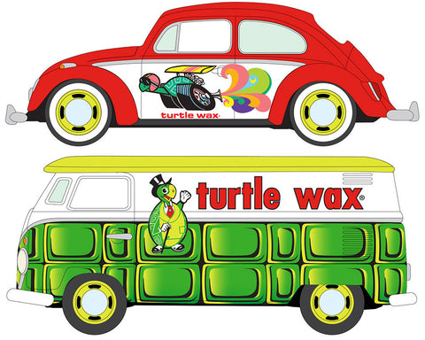 1964 Volkswagen Type 2 Transporter-Green &amp; White Turtle Shell Graphics&nbsp; 1965 Volkswagen Beetle-Red w/Turtle Power Graphics&nbsp; Johnny Lightning Themed 2-Packs 2024 Release 1B Sealed Case of 6 - Big J's Garage