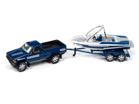 1985 Toyota SR5 Pickup w/Malibu Speed Boat Blue Hulls & Haulers Johnny Lightning - Big J's Garage