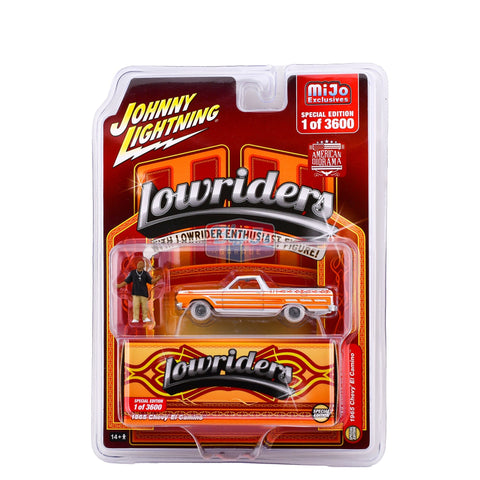 (Chase) 1965 Chevrolet El Camino with American Diorama Figure Lowriders Johnny Lightning Mijo Exclusives Big J's Garage