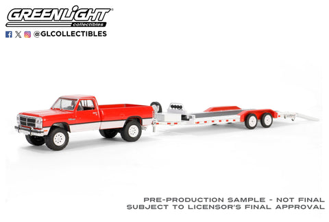 (Pre-Order) 1991 Dodge Ram Power Ram 250 Red & White with Heavy Duty Car Hauler Hitch & Tow Series 31 Greenlight Collectibles - Big J's Garage