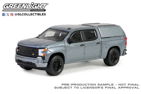 (Pre-Order) 2023 Chevrolet Silverado 1500 Custom With Camper Shell Sterling Gray Metallic Blue Collar Collection Series 13 Greenlight Collectibles - Big J's Garage