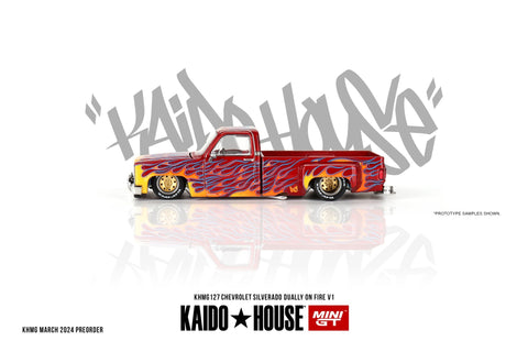 (Pre-Order) Chevrolet Silverado Dually on Fire V1 Red With Flames Kaido House x Mini GT - Big J's Garage