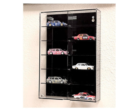 12-Car Wall Mount Display Case Black Back With Cover - Big J's Garage