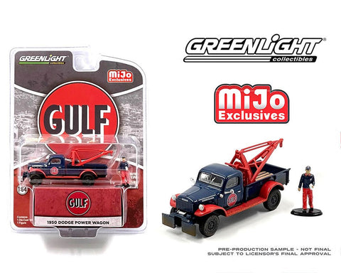 1950 Dodge Power Wagon Tow Truck Gulf Oil Weathered with Mechanic Figure Greenlight Mijo Exclusives - Big J's Garage