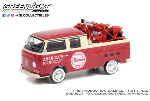 1968 Volkswagen Type 2 Double Cab Pickup Indian Motorcycle Sales & Service with 1920 Indian Scout Motorcycle Club Vee-Dub Series 13 Greenlight Collectibles - Big J's Garage