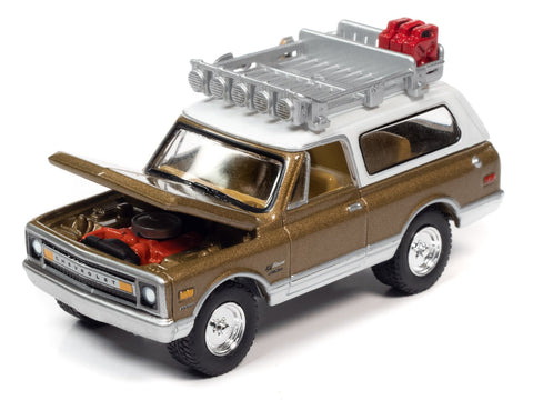 1969 Chevrolet Blazer-Saddle Poly w/White Roof and 2004 Hummer H2-Brown Camo Wrap 2-Pack Johnny Lightning - Big J's Garage