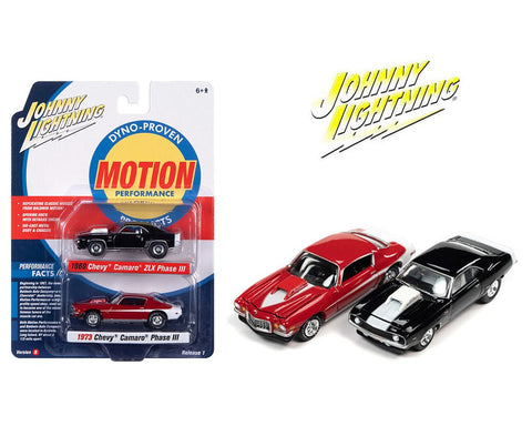 1969 Chevy Camaro ZLX Phase 3 and 1973 Chevy Camaro Phase 3 2-Pack Johnny Lightning - Big J's Garage
