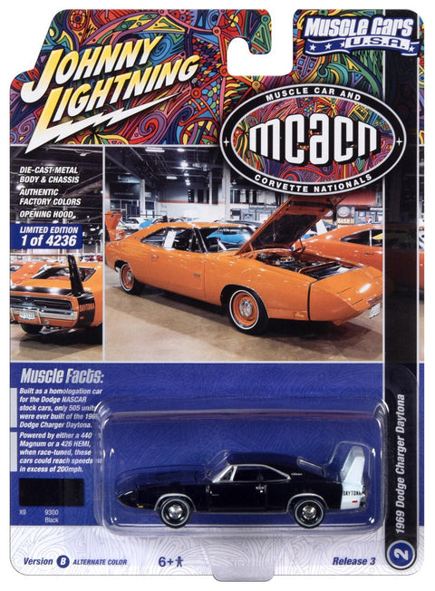 1969 Dodge Charger Daytona MCACN Gloss Black w/White Rear Stripe Johnny Lightning - Big J's Garage
