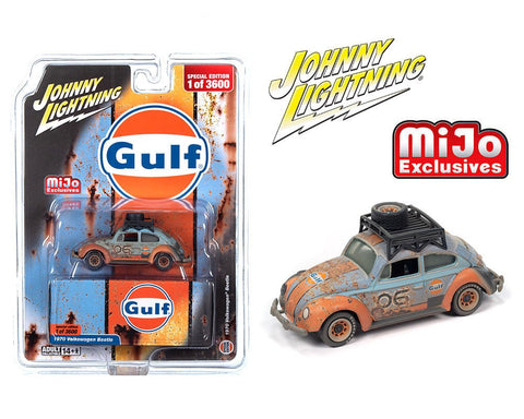 1970 Volkswagen Bettle Gulf Weathered with Rack Johnny Lightning Mijo Exclusives - Big J's Garage