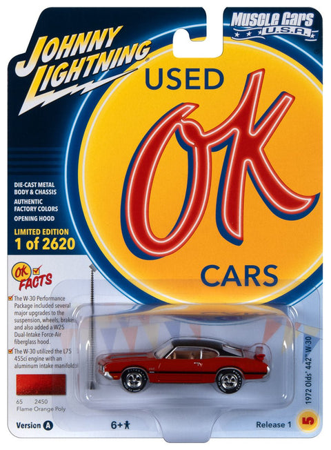 1972 Oldsmobile 442 W30 Flame Orange Poly w/Flat Black Roof, Hood & Side Stripes Johnny Lightning - Big J's Garage