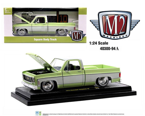 1973 Chevrolet Cheyenne 10 Squarebody Truck Olive with Bright White 1:24 M2 Machines - Big J's Garage