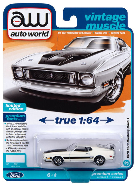 1973 Ford Mustang Mach 1 Pearl White w/Black Hood & Side Stripes Auto World - Big J's Garage