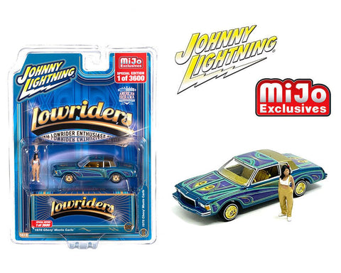 1978 Chevrolet Monte Carlo with American Diorama Figure Lowriders Johnny Lightning x Mijo Exclusives - Big J's Garage