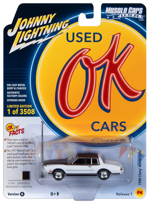 1980 Chevrolet Monte Carlo Gloss White w/Dark Claret Poly Roof & Hood Johnny Lightning - Big J's Garage