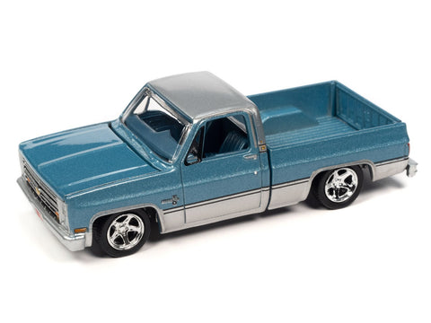 1985 Chevy Silverado Pickup Truck (Lowered Version) (Light Blue/Silver Poly) Auto World - Big J's Garage