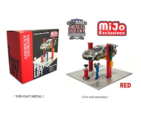 2 Post Lift With Mechanic Figure and Oil Drainer Red American Diorama Mijo Exclusive - Big J's Garage