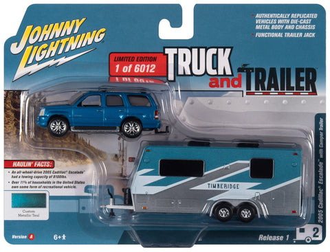 2005 Cadillac Escalade w/Camper Trailer Teal Johnny Lightning - Big J's Garage
