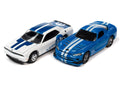 2008 Dodge Viper SRT 10 Metallic Blue with White Stripes 2014 Dodge Challenger R/T White and Mopar Blue Logo & Stripes Johnny Lightning - Big J's Garage