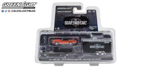 2022 Ram 2500 with 1970 Plymouth ‘Cuda 340 in Enclosed Car Hauler Hollywood Hitch & Tow Series 12 - Graveyard Carz Greenlight Collectibles - Big J's Garage