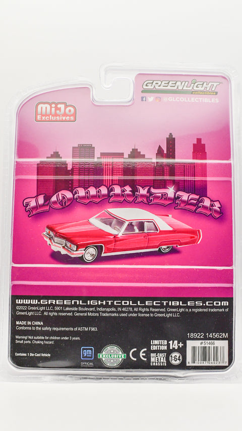 (Chase) 1973 Cadillac Coupe Deville Pink with White Top Greenlight Collectibles Mijo Exclusive