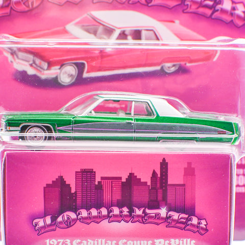 (Chase) 1973 Cadillac Coupe Deville Pink with White Top Greenlight Collectibles Mijo Exclusive