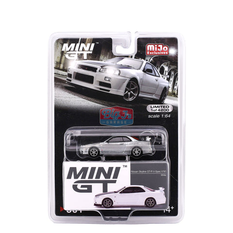 (Chase) Nissan Skyline GT-R R34 V-Spec II N1 White Mini GT Mijo Exclusive - Big J's Garage