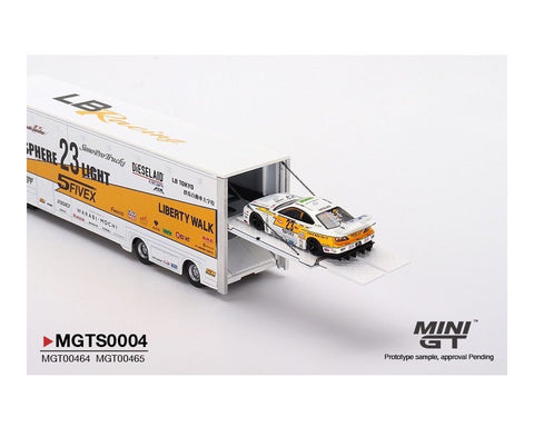 LB Racing Transporter Mercedes Benz Actros With Nissan S15 Silvia Mini GT - Big J's Garage