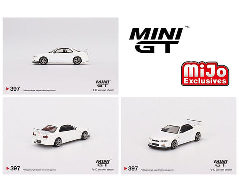 Nissan Skyline GT-R R34 V-Spec N1 White Mini GT Mijo Exclusive - Big J's Garage