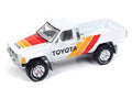 (Pre-Order) 1985 Toyota SR5 Pickup Gloss White Body Color with Red, Yellow, Orange Side Stripes and TOYOTA logo on Doors Johnny Lightning - Big J's Garage