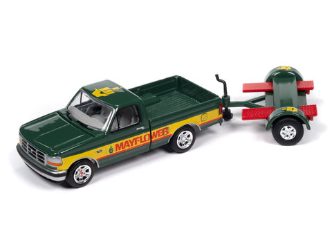 1993 Ford F-150 Truck w/Tow Dolly Mayflower Dark Green & Yellow Johnny Lightning - Big J's Garage