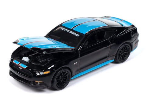 (Pre-Order) 2015 Ford Mustang GT Gloss Black Body Color w/Twin Blue Upper Stripes Auto World - Big J's Garage