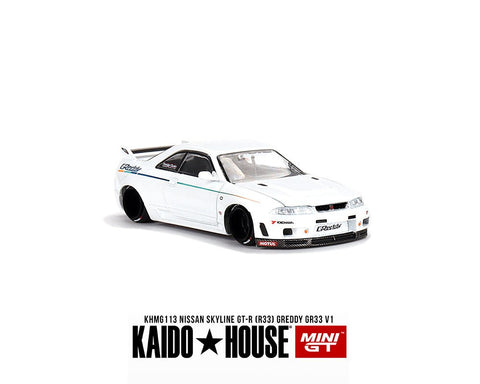 (Pre-Order) Nissan Skyline GT-R (R33) Greddy GR33 V1 White Kaido House x Mini GT - Big J's Garage