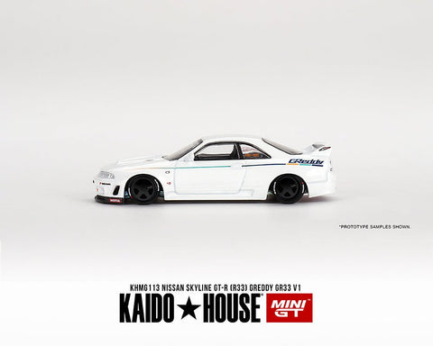 (Pre-Order) Nissan Skyline GT-R (R33) Greddy GR33 V1 White Kaido House x Mini GT - Big J's Garage
